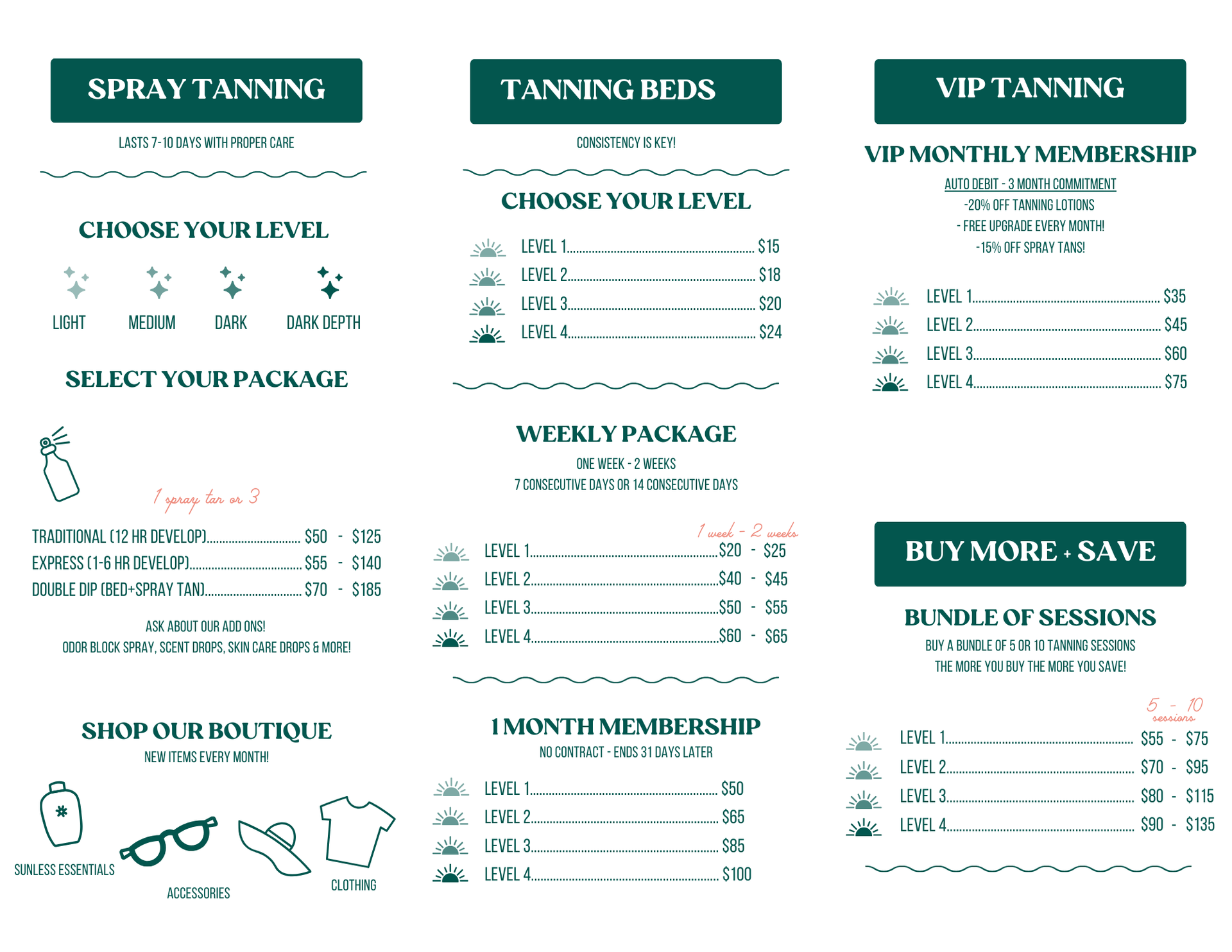 A tanning salon menu. It lists spray tanning, tanning bed, and VIP tanning services with pricing, along with add-ons.