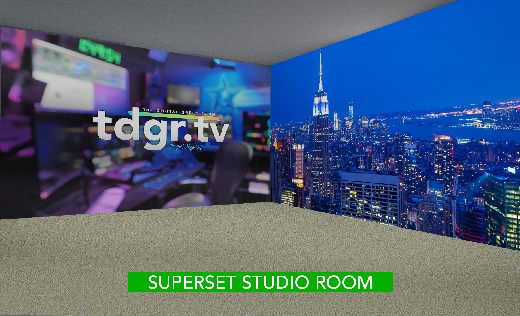 A room with a tdgr.tv logo on the wall