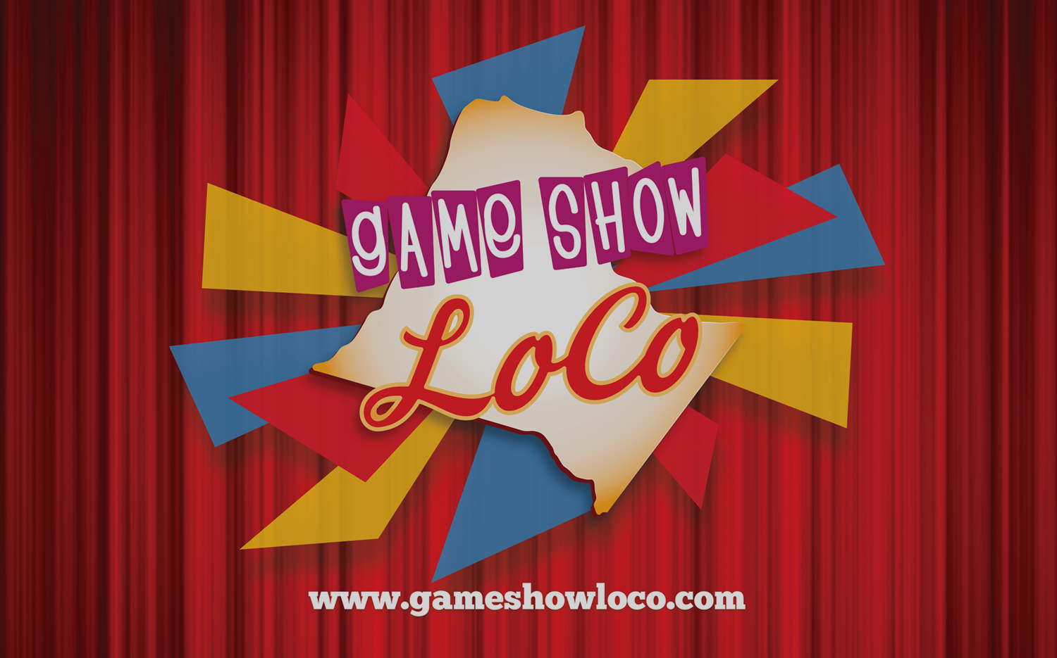 A poster for game show loco with a red curtain in the background