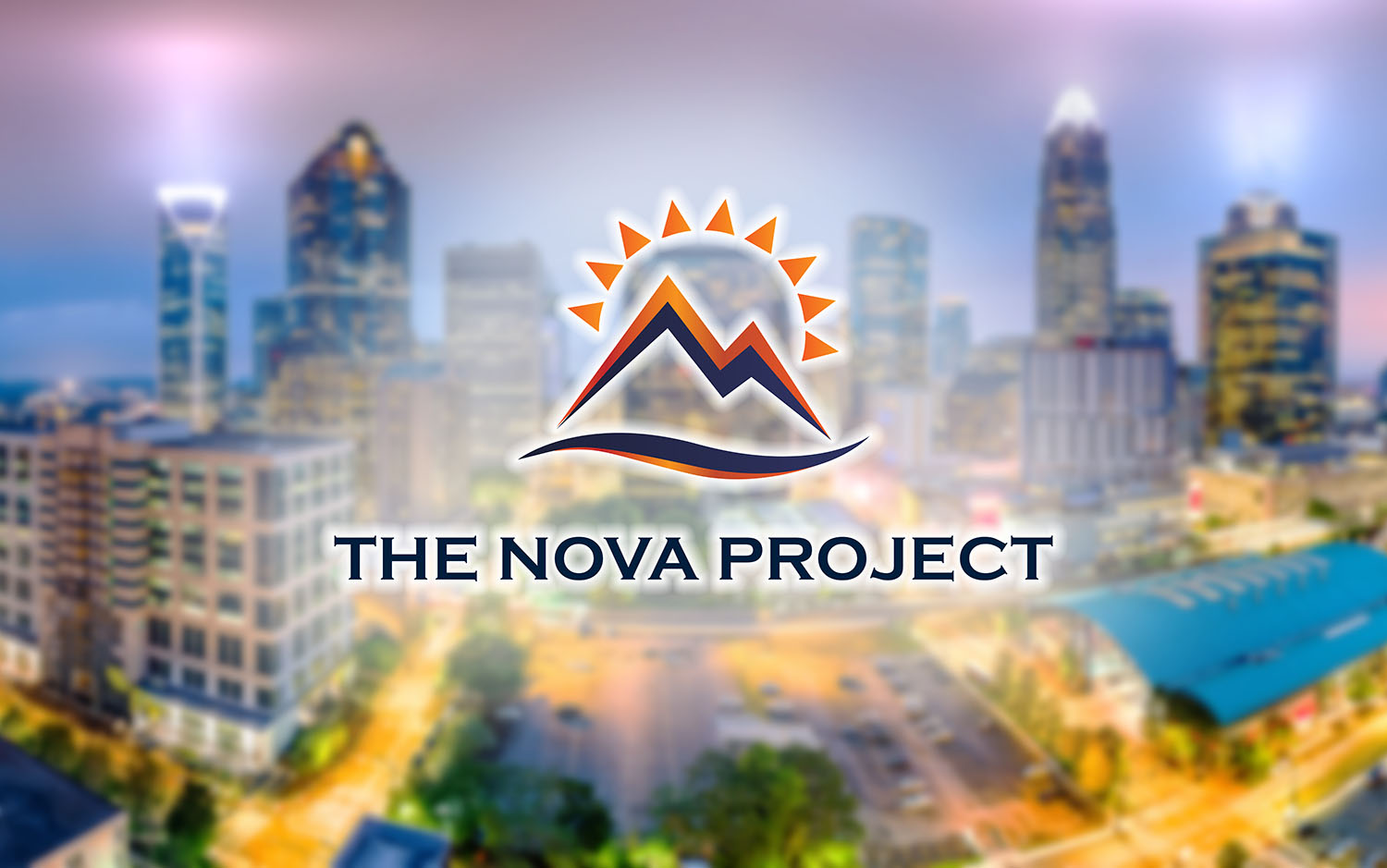 A logo for the nova project with a city in the background