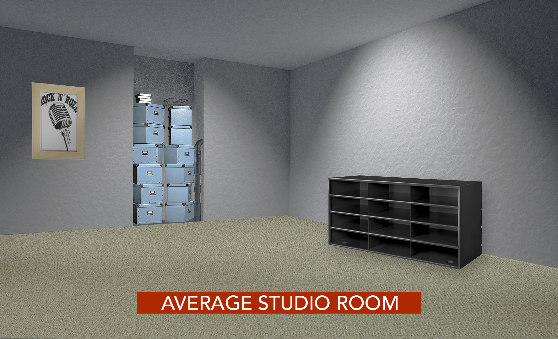 An average studio room with a picture on the wall