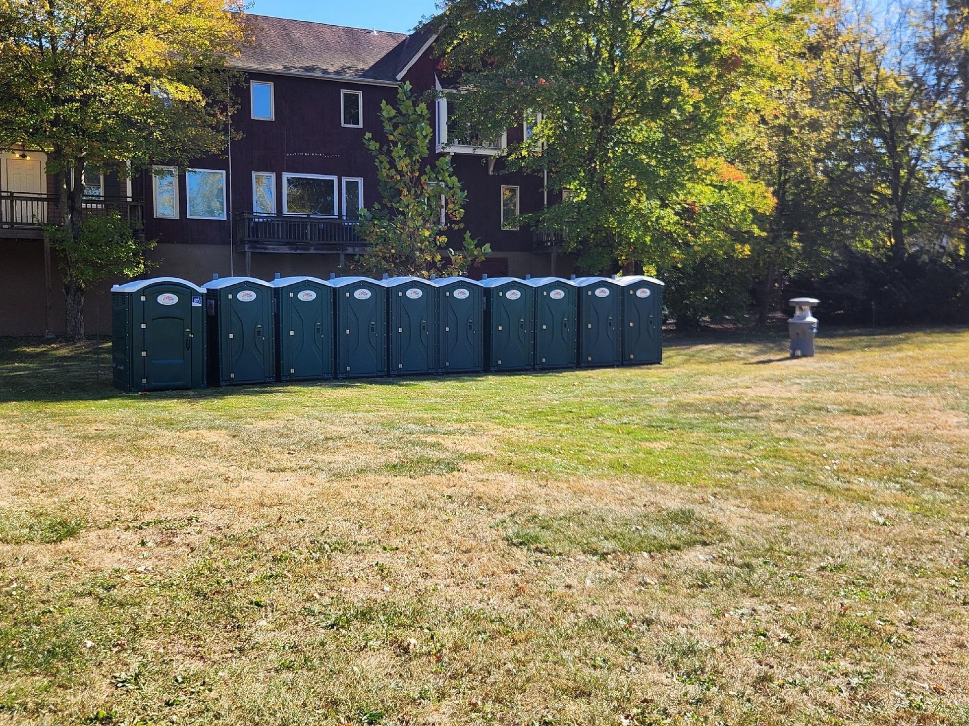 View of a row of portable toilets | Horsham, PA - Clean & Reliable Options