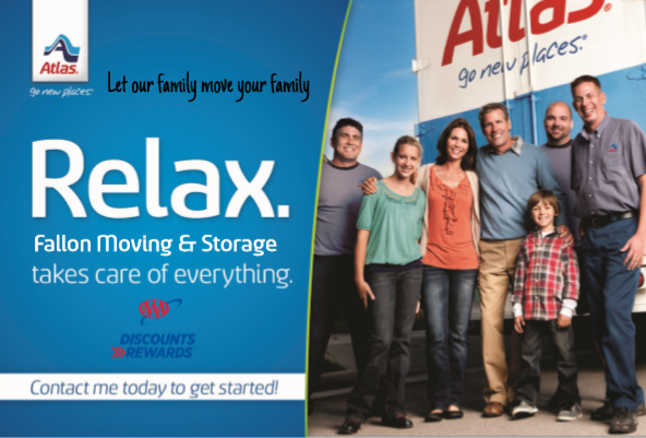 An advertisement for Fallon Moving & Storage. A family stands by a moving truck. The slogan reads