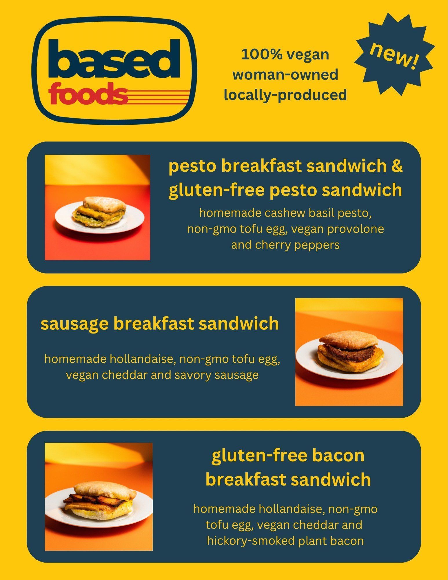 Poster for Based Foods, a vegan food company. It advertises three breakfast sandwiches with photos on a yellow background.
