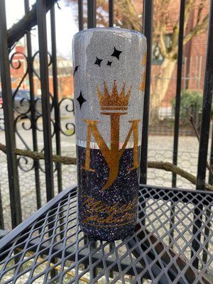 Glitter tumbler with gold crown, initials