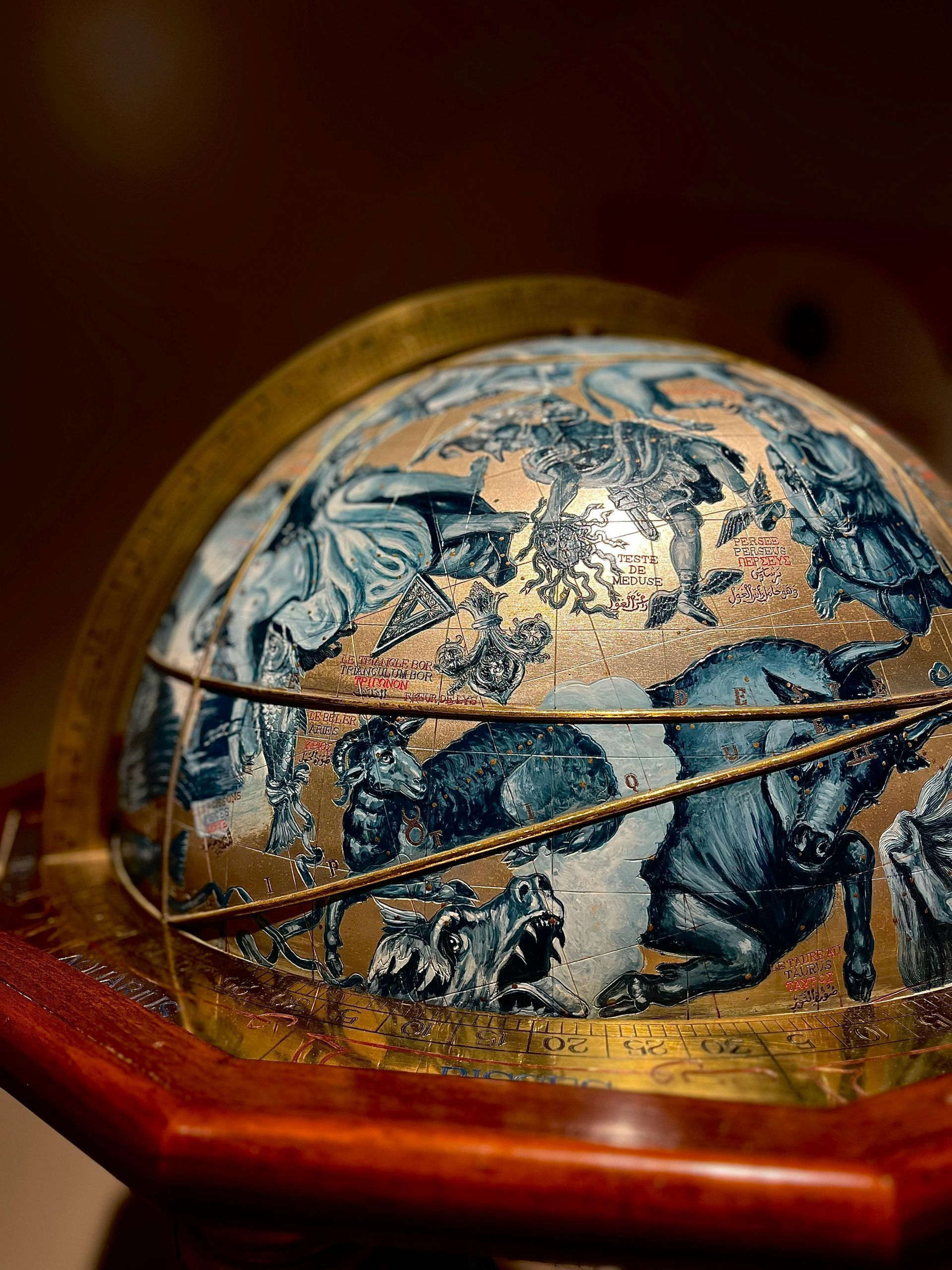 SEO Lakeland, beautiful gold and blue globe set into a wooden circular frame.