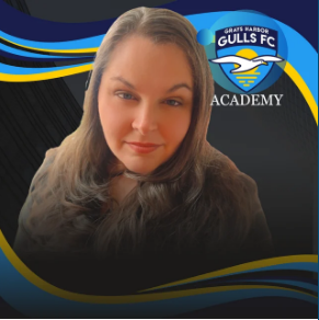Woman with long hair, Grays Harbor Gulls FC logo behind her on a blue and gold background.