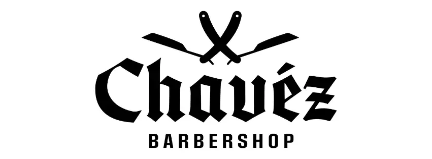 Logo for Chávez Barbershop: Black text and crossed straight razors on a white background.