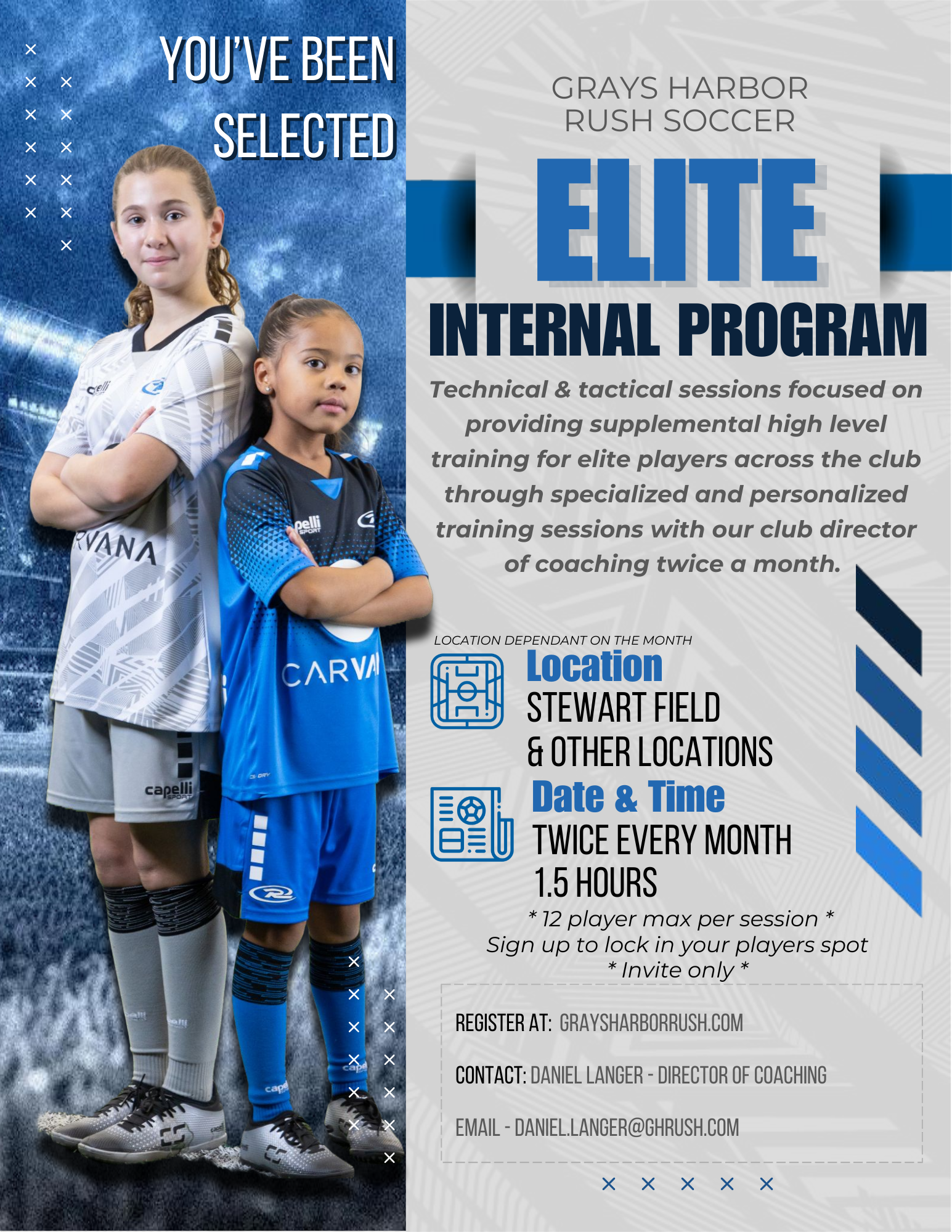 Flyer for Grays Harbor Rush Soccer Elite internal program. Features two young players, program details, and contact info.