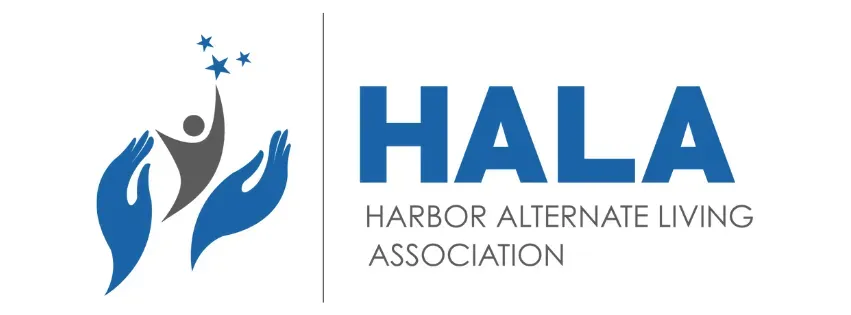 Logo of HALA (Harbor Alternate Living Association): Blue hands cradle a grey stick figure reaching for blue stars.