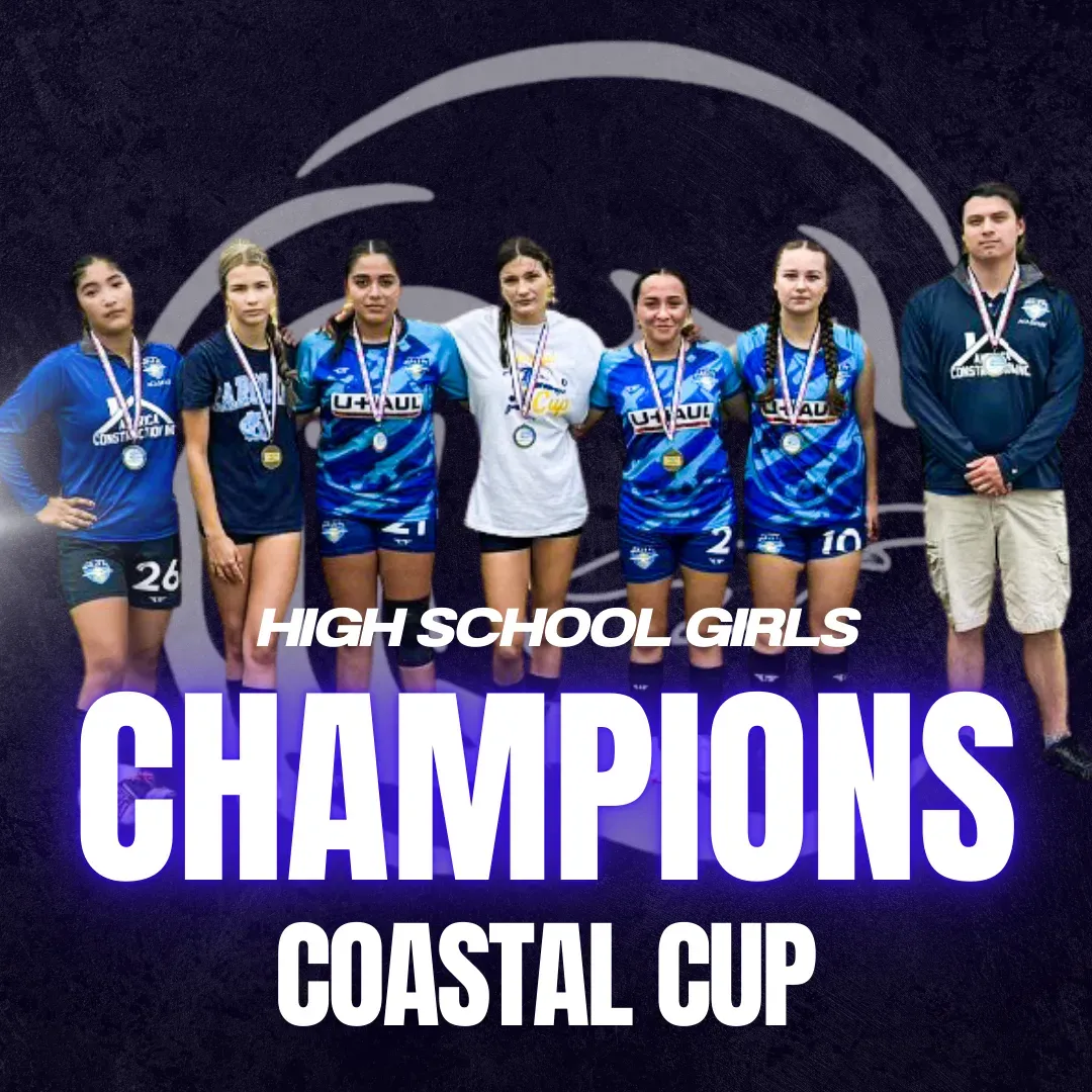 High school girls' soccer team celebrating championship, wearing medals. Coastal Cup Champions title over the image.