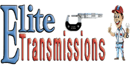 A logo for elite transmissions with a cartoon mechanic