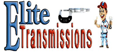 A logo for elite transmissions with a man holding a wrench