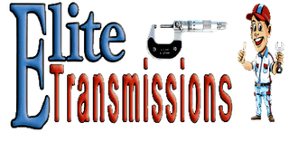 A logo for elite transmissions with a cartoon mechanic