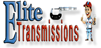 A logo for elite transmissions with a cartoon man