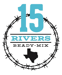 Logo of 15 Rivers Ready-Mix: blue number 15, barbed wire circle, Texas outline.