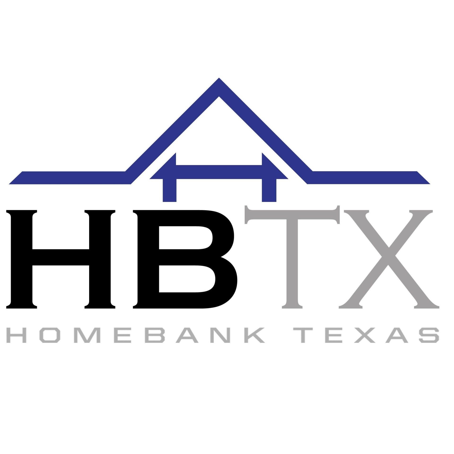 Logo for HomeBank Texas: blue house outline over 