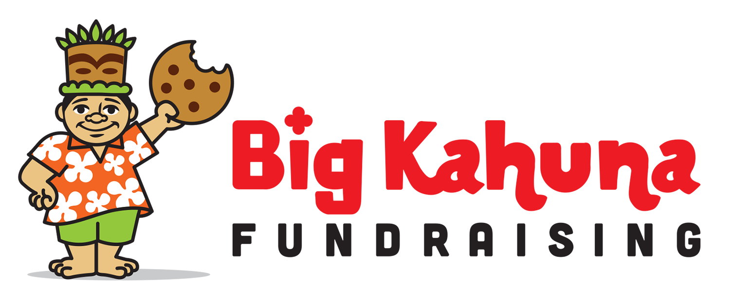 Logo: Cartoon man in Hawaiian shirt holding cookie, 