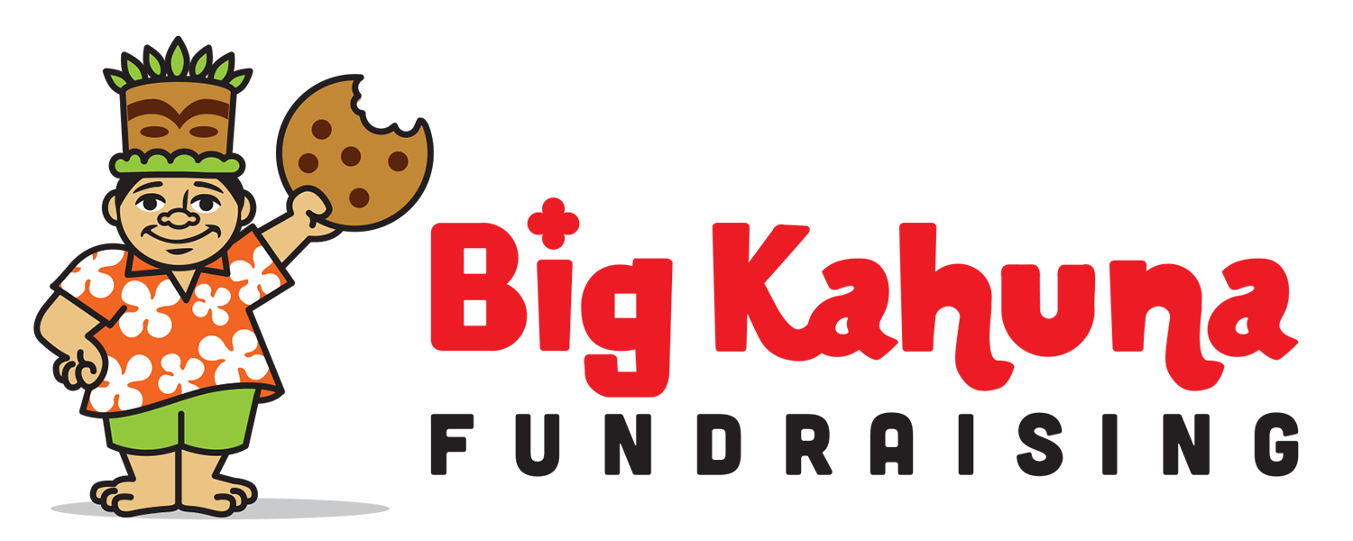 Cartoon of a smiling person in Hawaiian shirt holding a bitten cookie, 