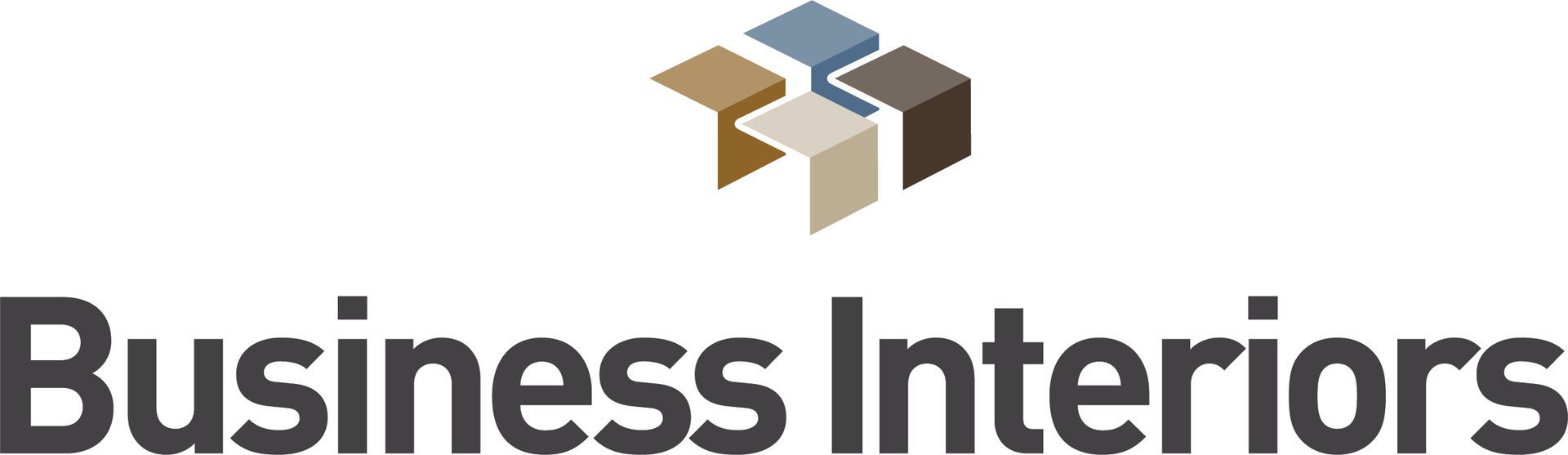 Business Interiors logo: text and abstract cubes in shades of brown, gray and blue.