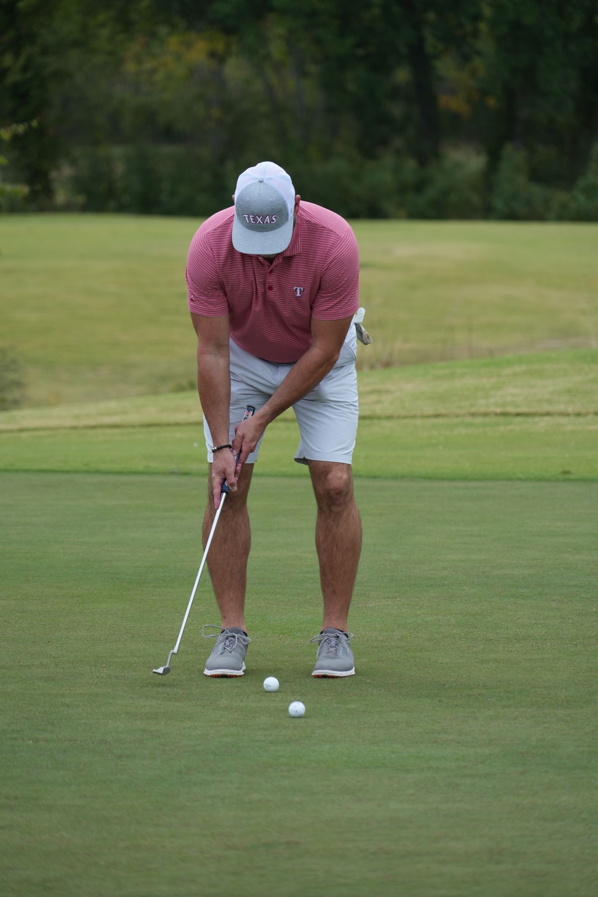 Man putting a golf ball on a green, wearing a pink shirt, gray shorts, and a cap.