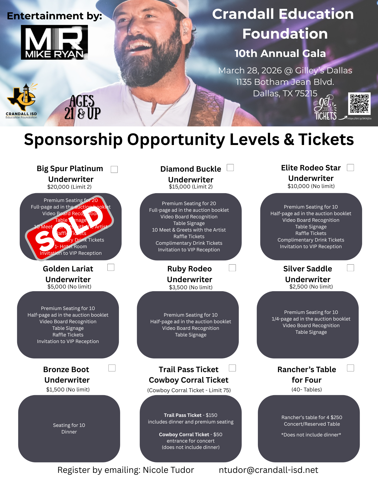 Promotional flyer for Crandall Education Foundation's 10th Annual Gala, featuring sponsorship levels and tickets.