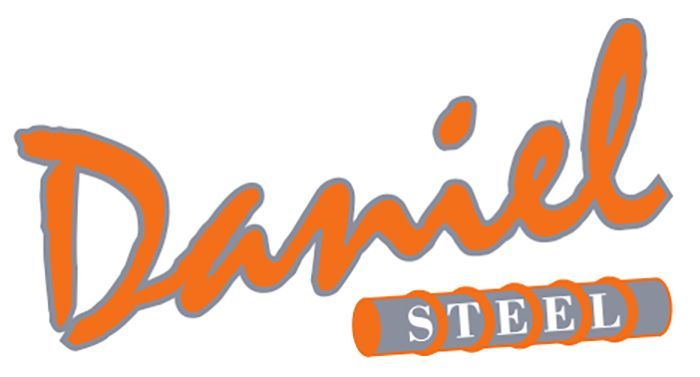 Daniel Steel logo with orange script, a gray outline, and stylized steel rebar.
