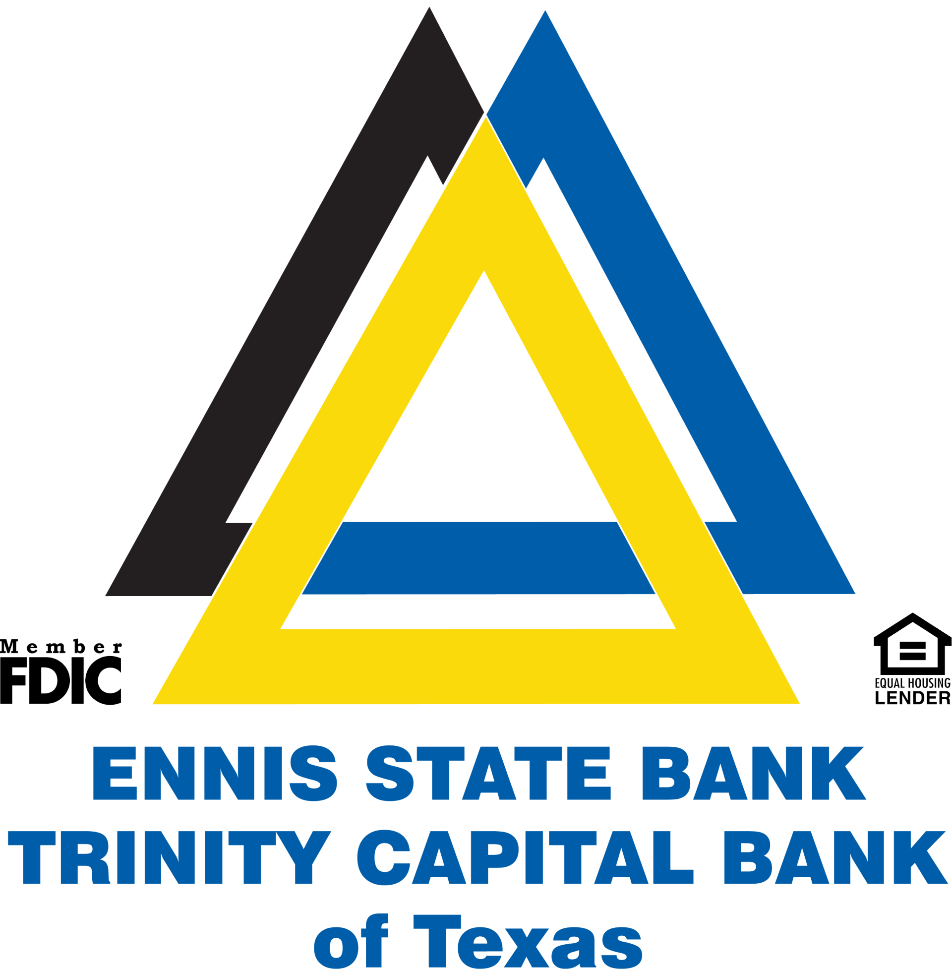 Logo of Ennis State Bank, Trinity Capital Bank of Texas: overlapping black, blue, and yellow triangles. 