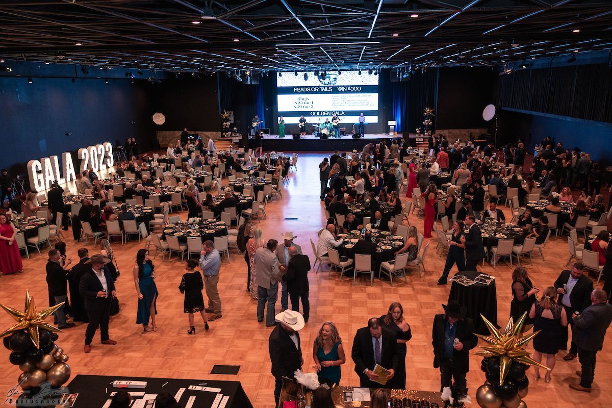 Gala 2023 event with many people in formal attire. Large hall with stage, tables, and decorations.