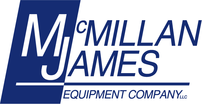 Logo for McMillan James Equipment Company: White text on a blue geometric shape with 