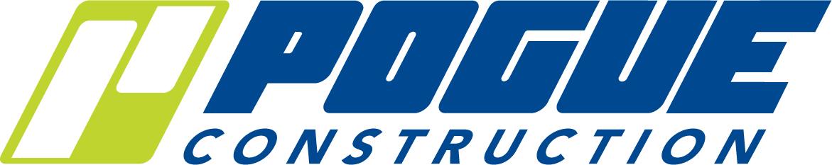 Logo of Pogue Construction in blue text, with a green geometric design on the left.