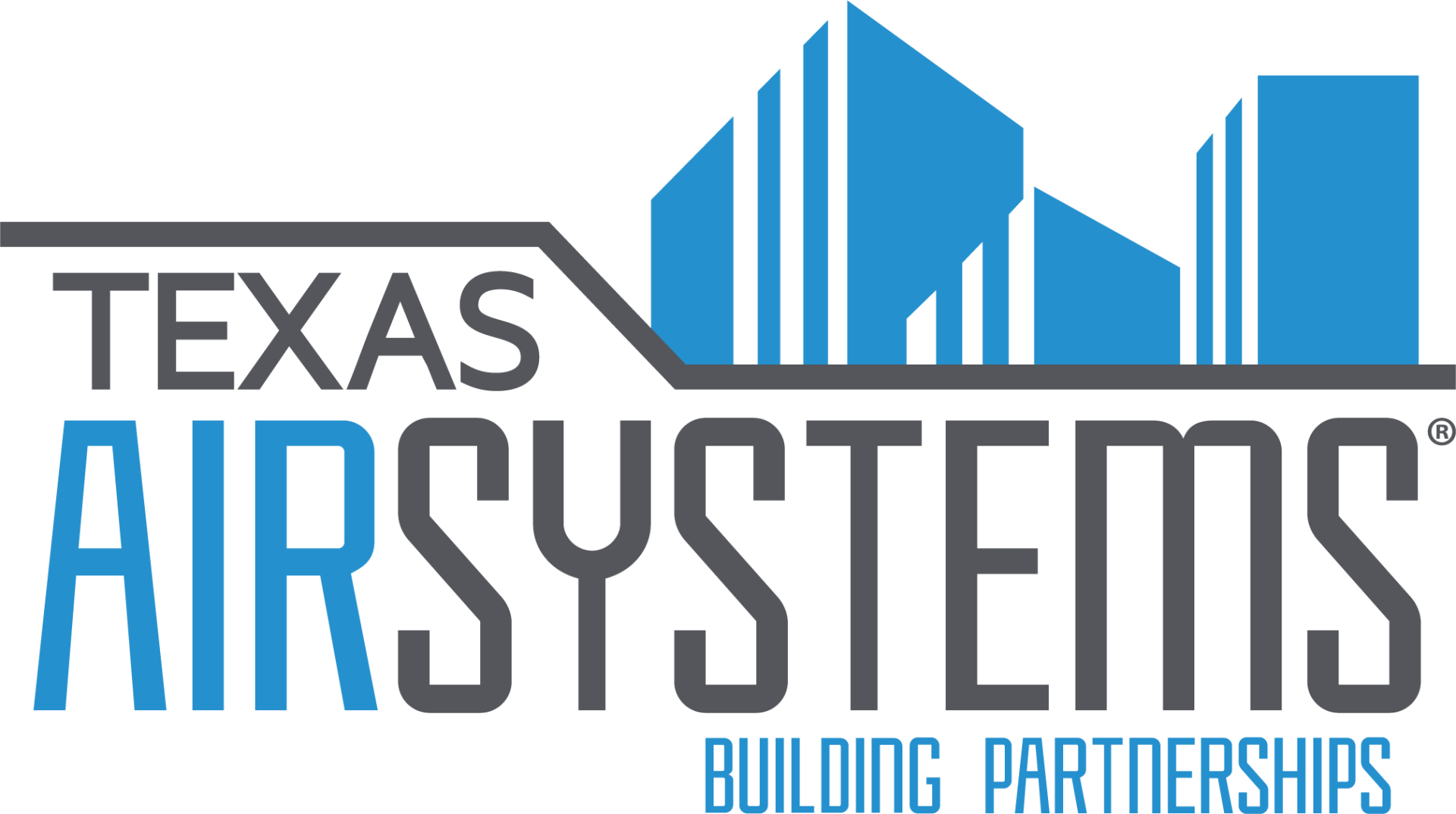 Texas AirSystems logo with blue skyscrapers and the tagline 