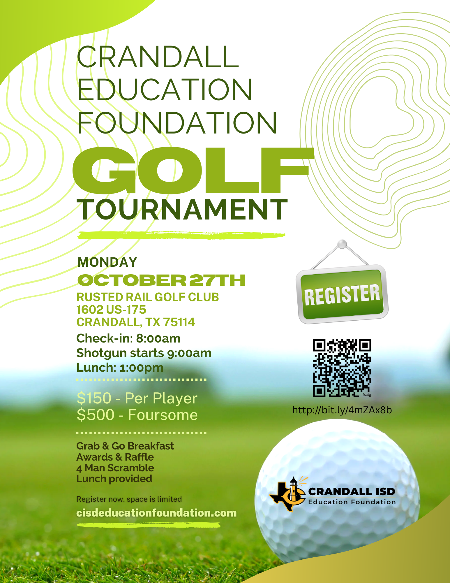 Golf tournament flyer: Crandall Education Foundation, October 27th, Busted Rock Golf Club, TX. Registration available.