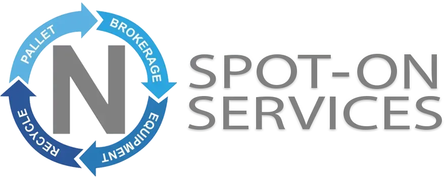 Logo with a blue and gray circular arrow with text: pallet, brokerage, equipment, recycle. 