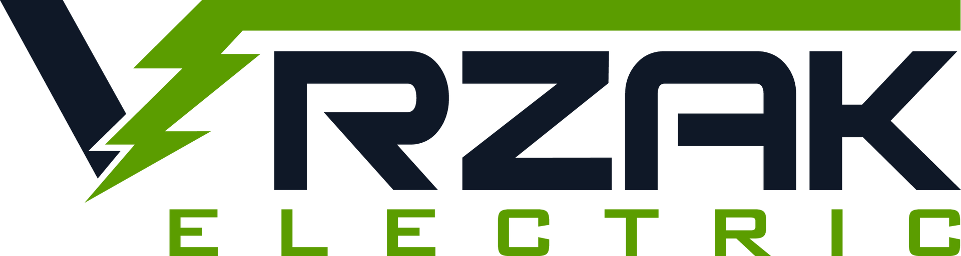 Logo for Vrzak Electric, featuring dark blue letters and a green lightning bolt.