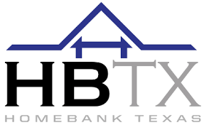 Logo for HomeBank Texas. Blue house-like structure above 