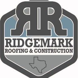 Logo for Ridgemark Roofing & Construction. Features grey hexagon with Texas outline, R initial, and text.