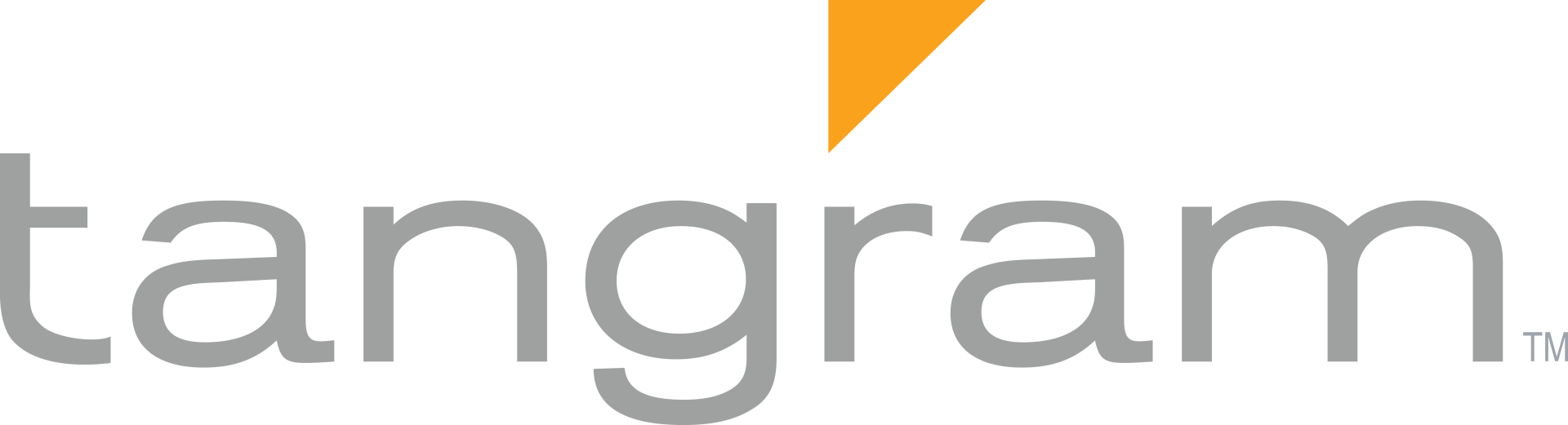 Tangram logo with an orange triangle pointing upwards, above the word 