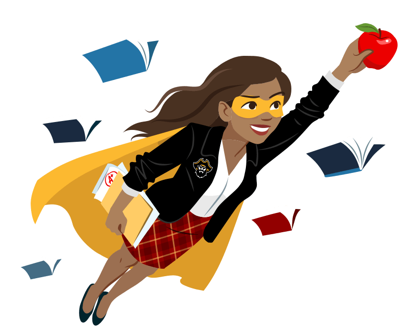 Teacher superhero flying, holding apple and papers, with books floating. Wearing a yellow mask and cape.