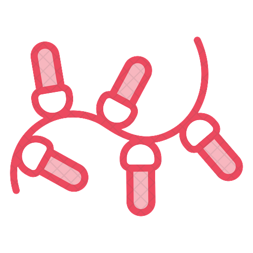 A string of pink christmas lights on a white background.