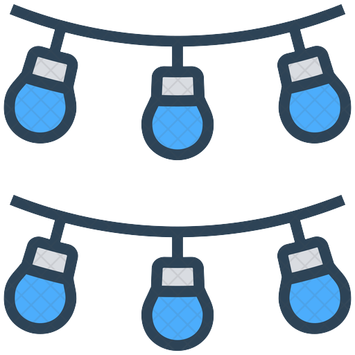 A string of blue lights hanging from a wire.