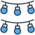A string of blue lights hanging from a wire.