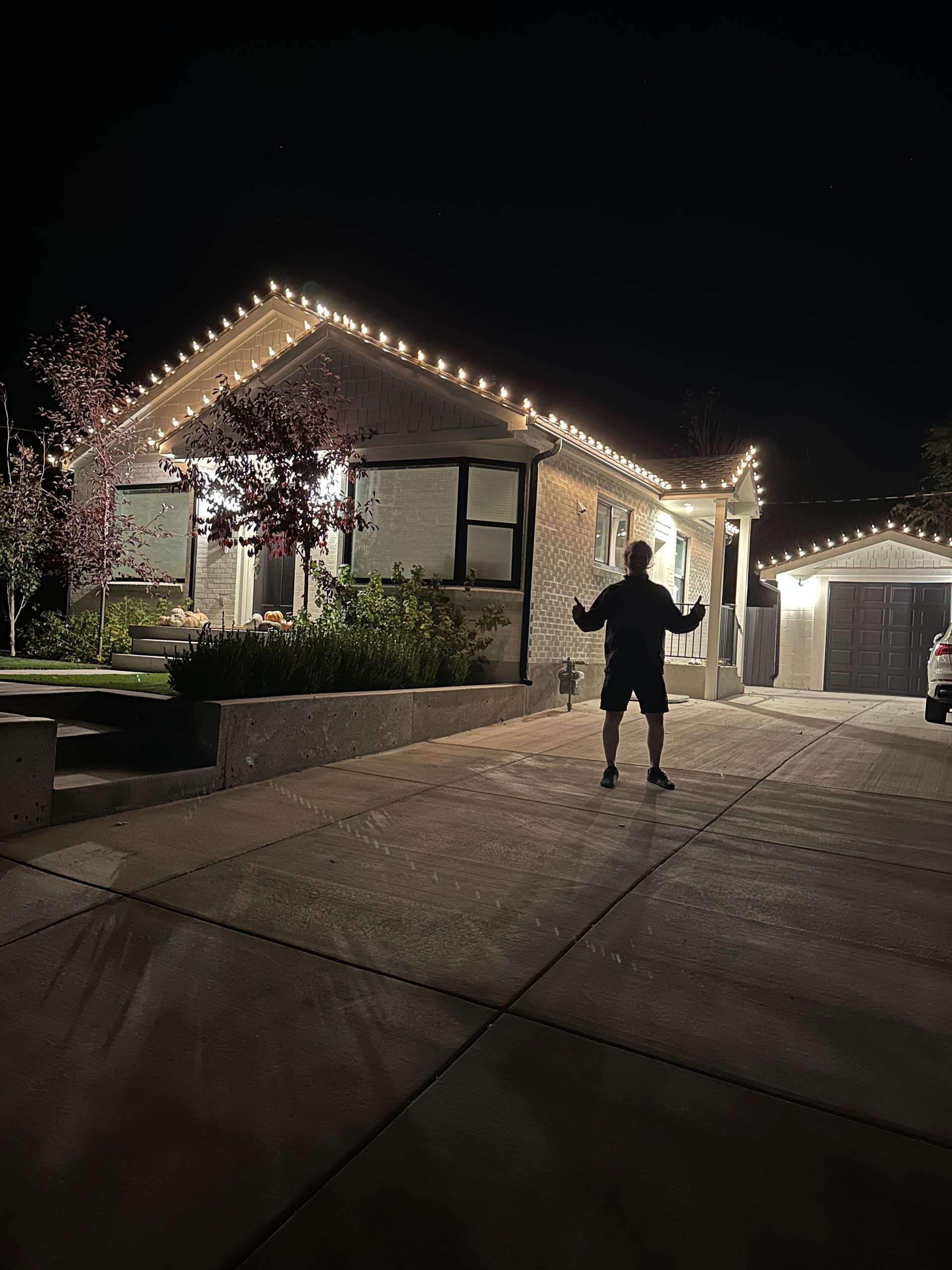 A house is decorated with christmas lights and trees at night.