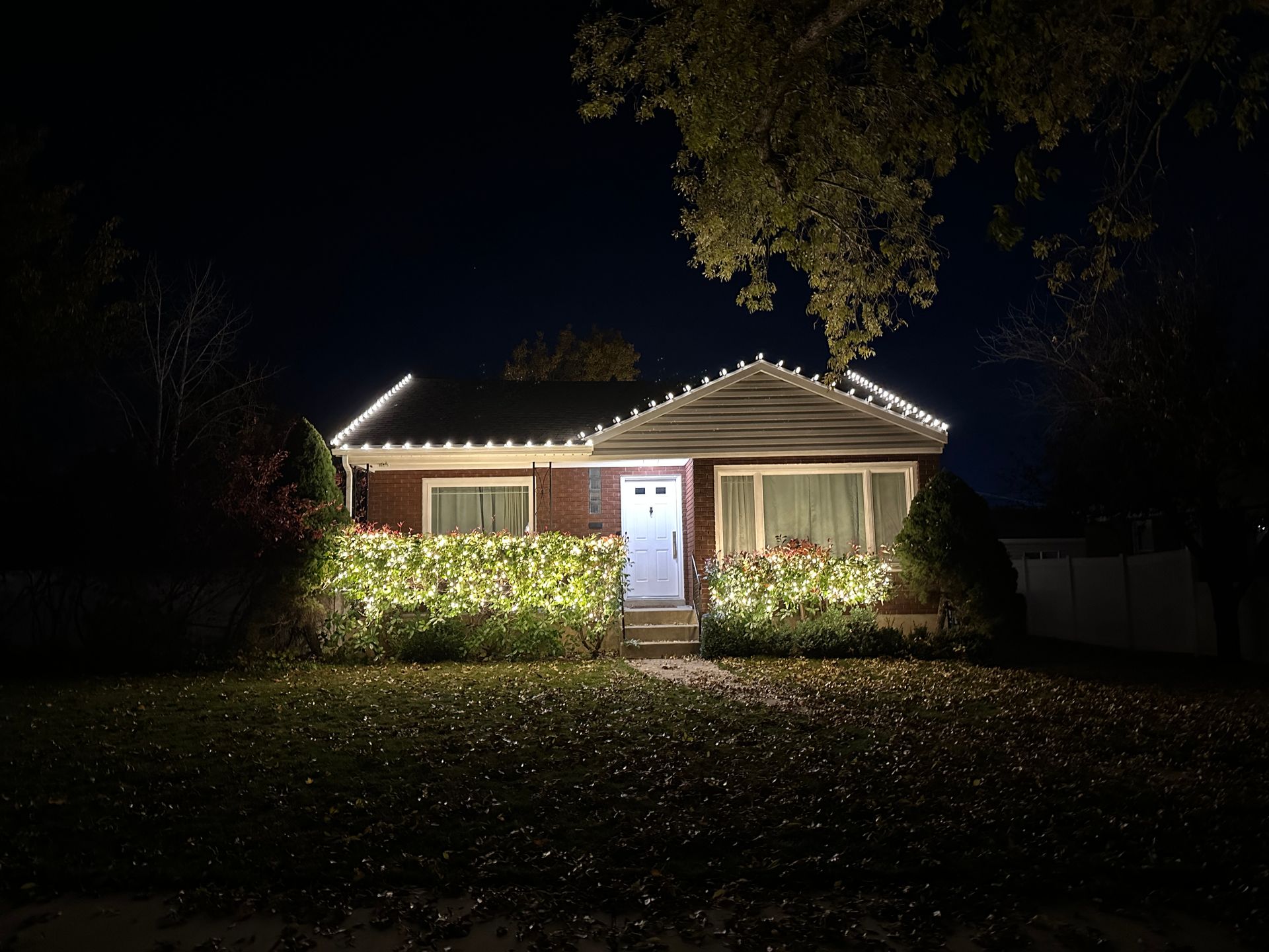 A cozy brick house at night, lit with white lights. Bushes are also lit up in front.