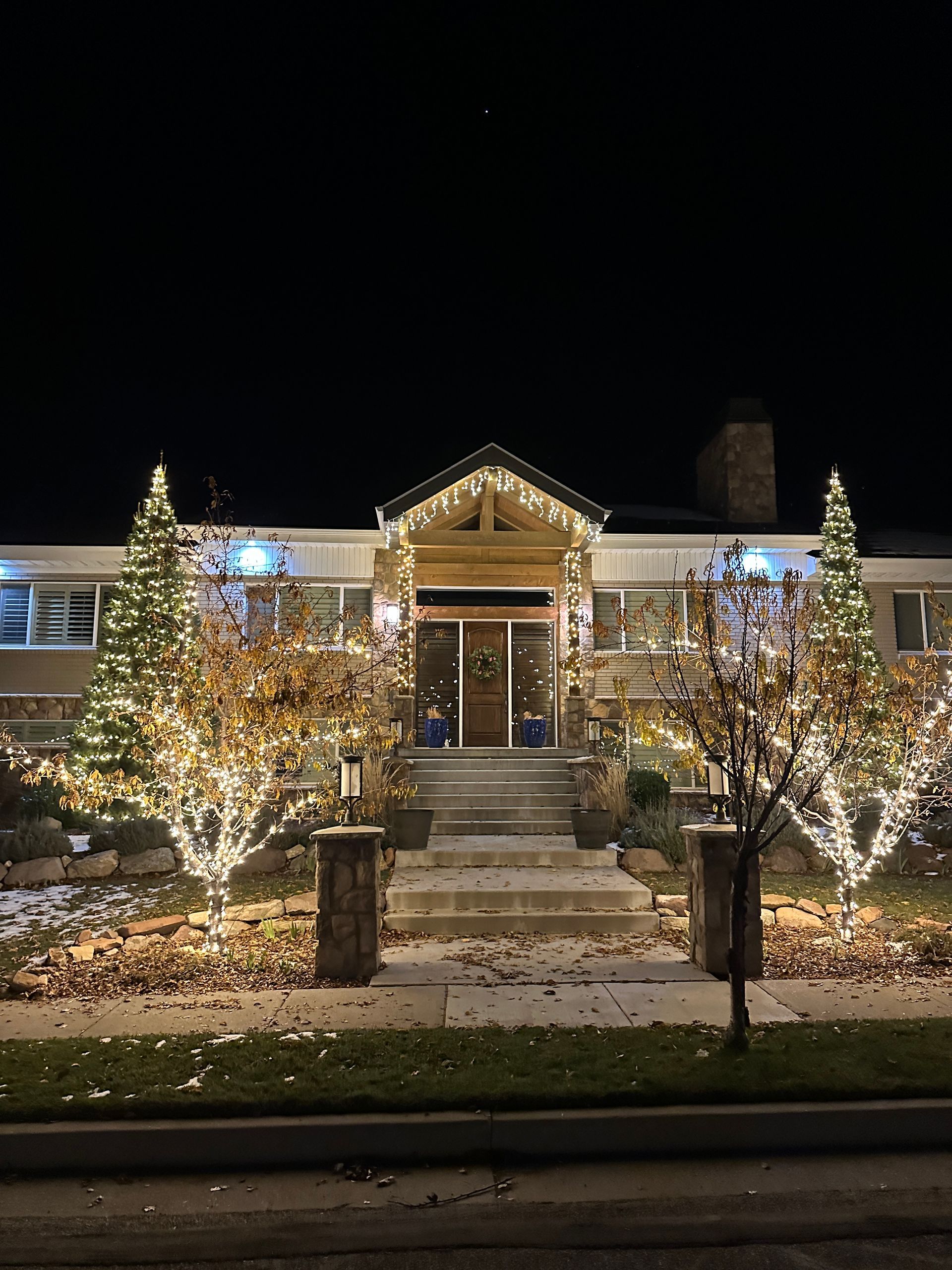 A house lit up with Christmas lights at night. Trees and entryway adorned with twinkling lights.