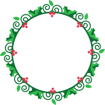 Green and red Christmas wreath with holly leaves and berries, encircling a white circle.
