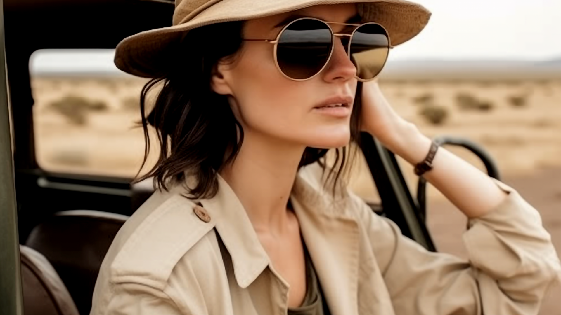 Woman in sunglasses and safari hat looks out from jeep in desert.