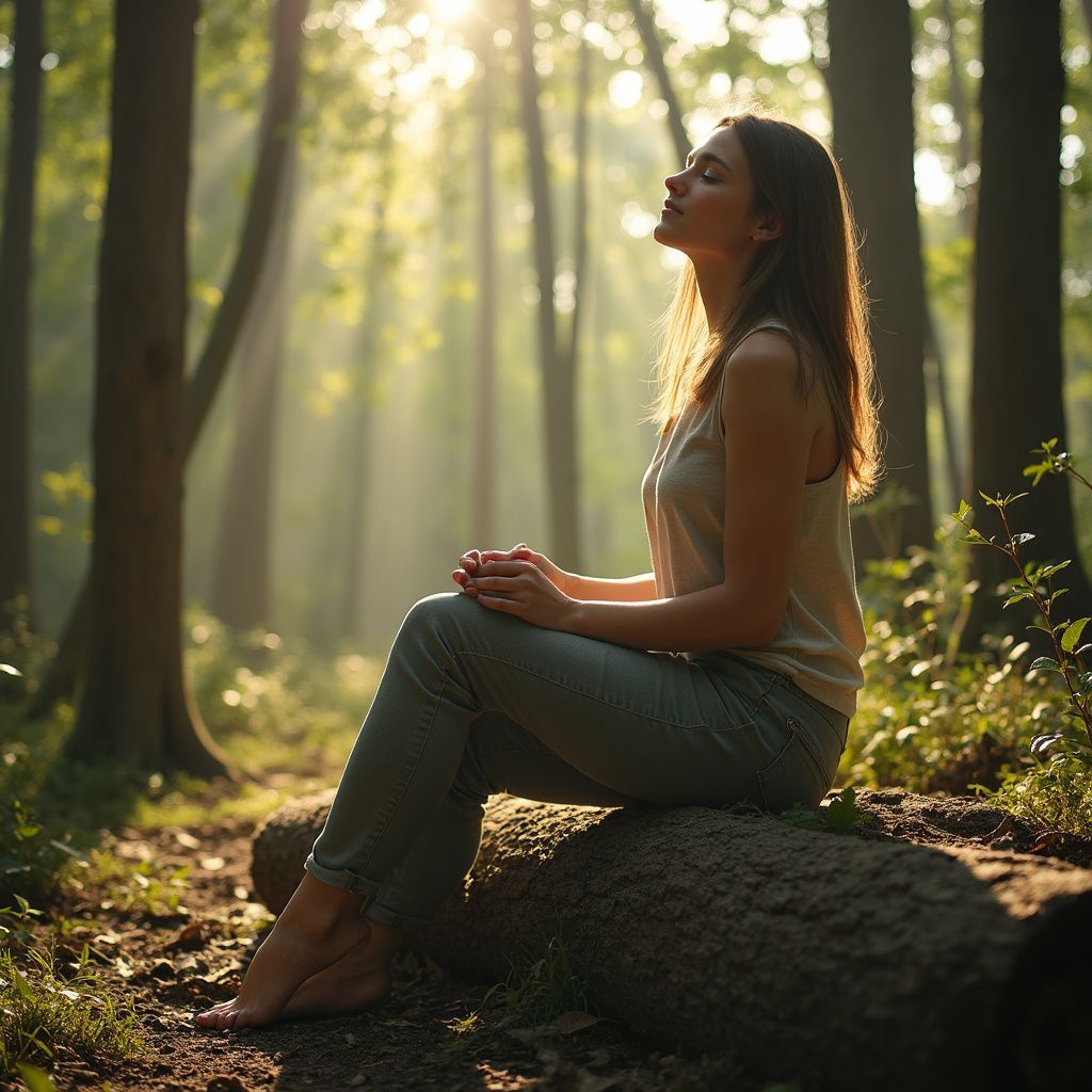 Woman sitting on a log with eyes closed in a sunny forest, arms on knees.