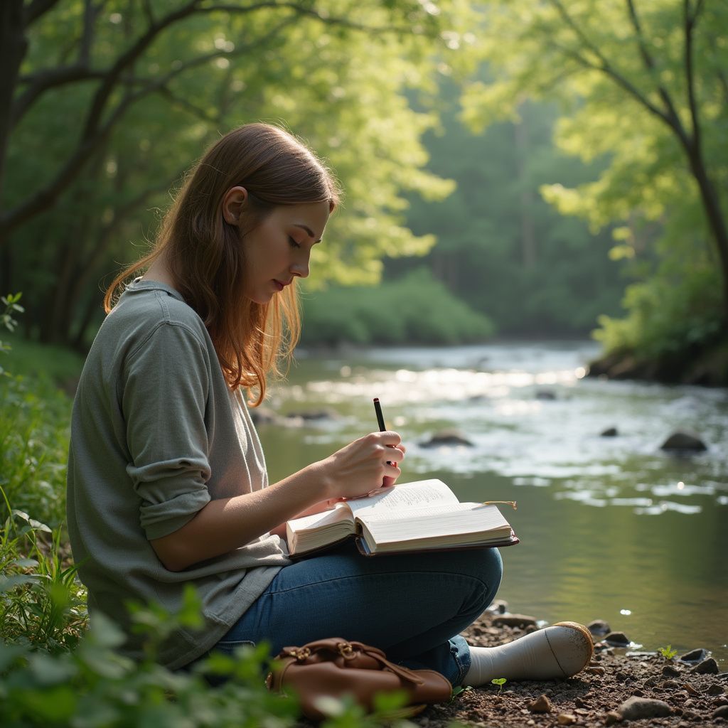 Woman writing in a book by a river, surrounded by trees.