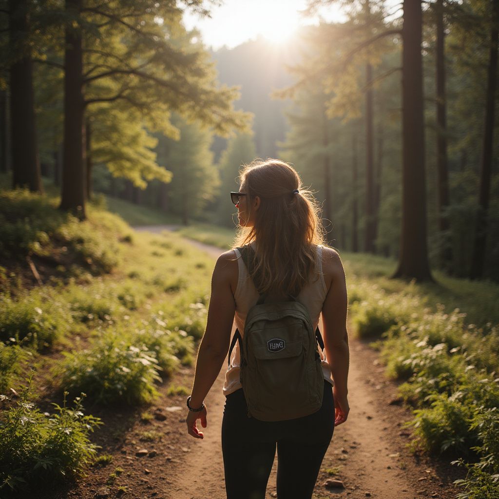 Woman hiking on a forest trail toward the bright sunlight. Wearing a backpack, surrounded by trees.